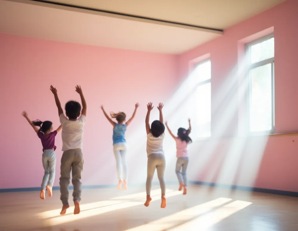 Wide view of a class from the back of the room, children mid-movement and blurred, seen from behind