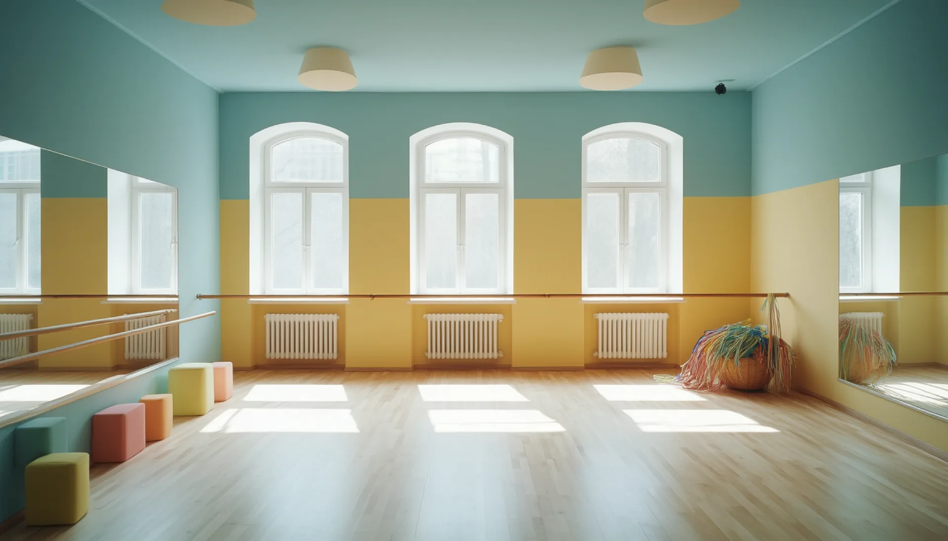 The bright ground-floor studio at Wirbelwind: mirror wall, low wooden barre, pale sprung floor and tall windows