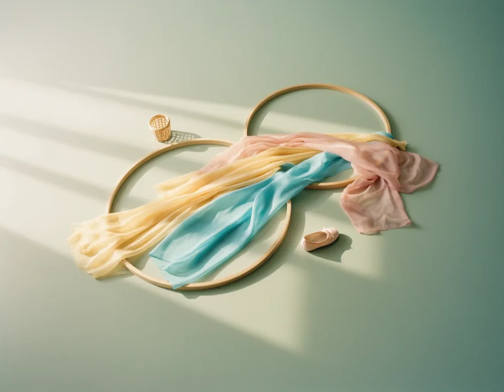 Coloured ribbons, wooden hoops, a chiffon scarf and small ballet shoes laid out on the studio floor