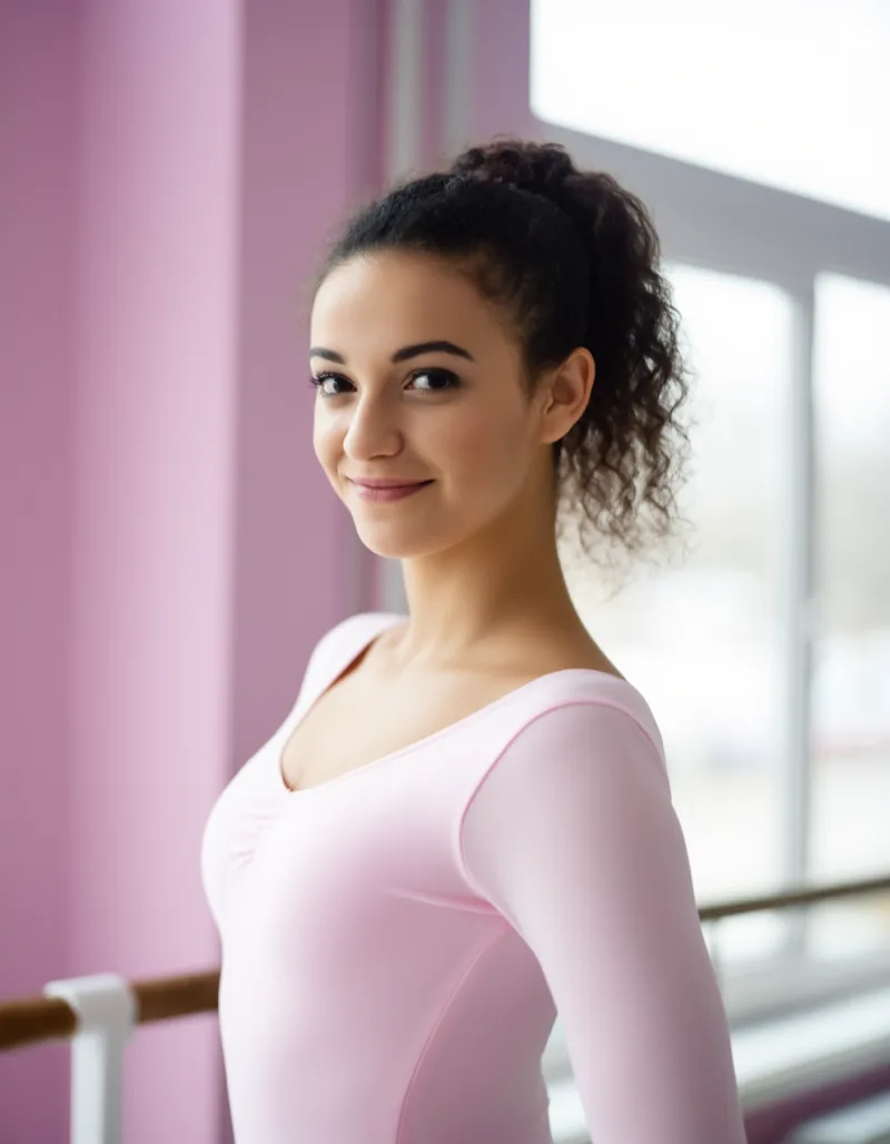 Yasmin Özdemir, contemporary dance teacher, standing near the mirror wall in daylight